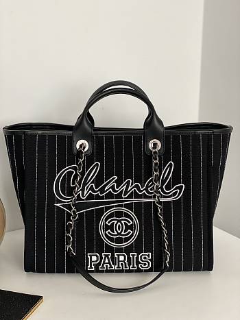 Chanel Large Tote Black & White Cotton, Calfskin & Silver-Tone Metal 