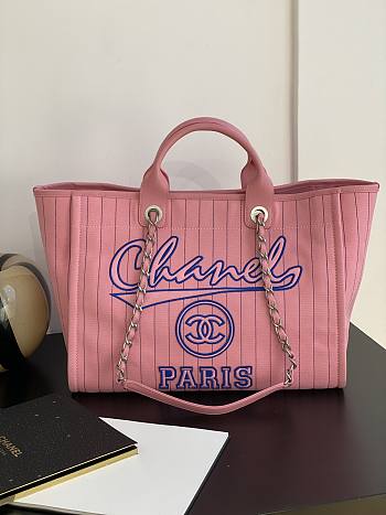 Chanel Large Tote Pink & Blue Cotton, Calfskin & Silver-Tone Metal