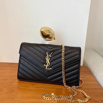 YSL Cassandre Matelassé Chain Wallet In Black Grain Leather