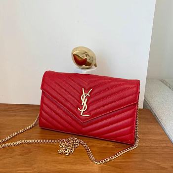 YSL Cassandre Matelassé Chain Wallet In Red Grain Leather