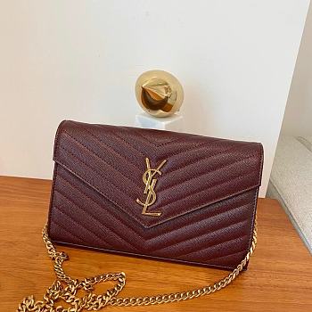YSL Cassandre Matelassé Chain Wallet In Burgundy Grain Leather