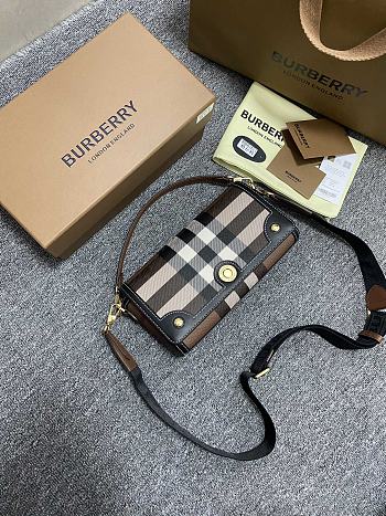 Burberry Check and Leather Top Handle Note Bag Dark Birch Brown 24x8x14 cm