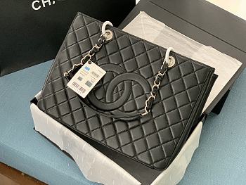 Chanel Grand Shopping Tote Black Lambskin Leather Silver Hardware 33cm