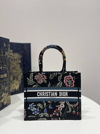 Dior Small Book Tote Black Multicolor Dior Petites Fleurs Embroidery
