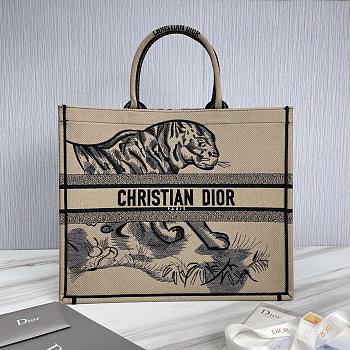 Dior Large Book Tote Brown/Black Macro Toile de Jouy Tiger Embroidery