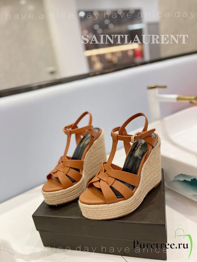 YSL Espadrille Wedge Sandals Matte Brown - 1