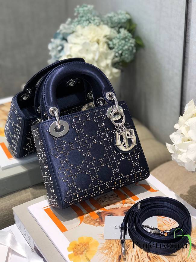 Dior Mini Lady Bag Navy Blue Strass Cannage Satin 17x15x7 cm - 1