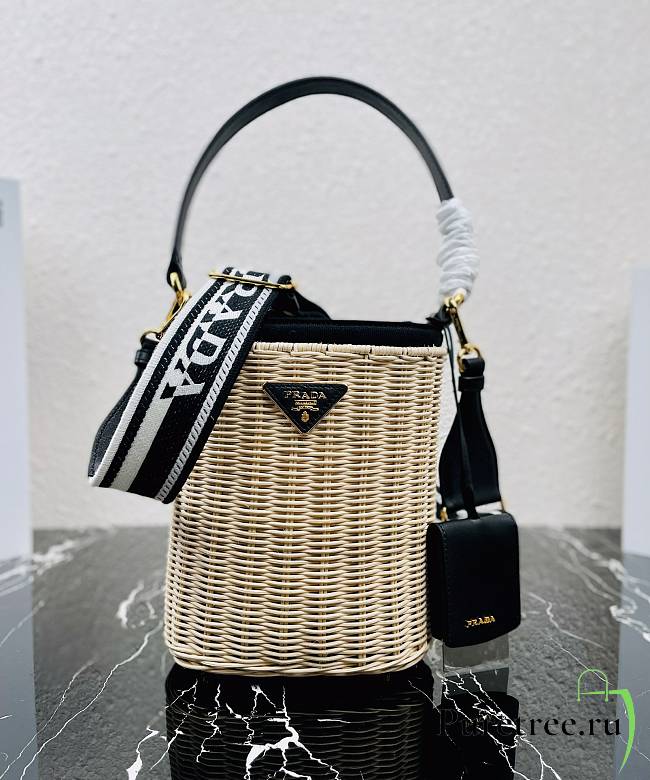 Prada Wicker And Canvas Bucket Bag Tan/Black size 18x19x11 cm - 1