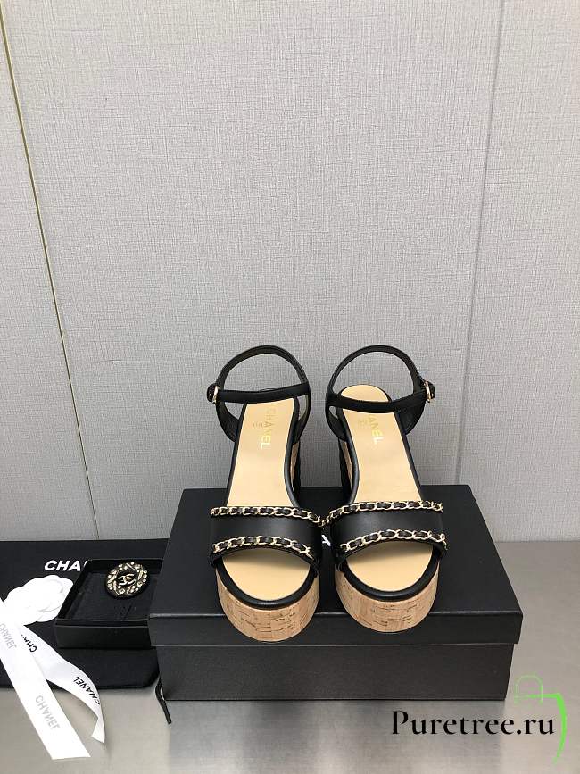 Chanel Women's Leather Platform Wedge Sandal Black - 1
