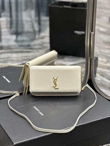 YSL Cassandre Phone Holder With Strap In White Smooth Leather 18x11x2 cm