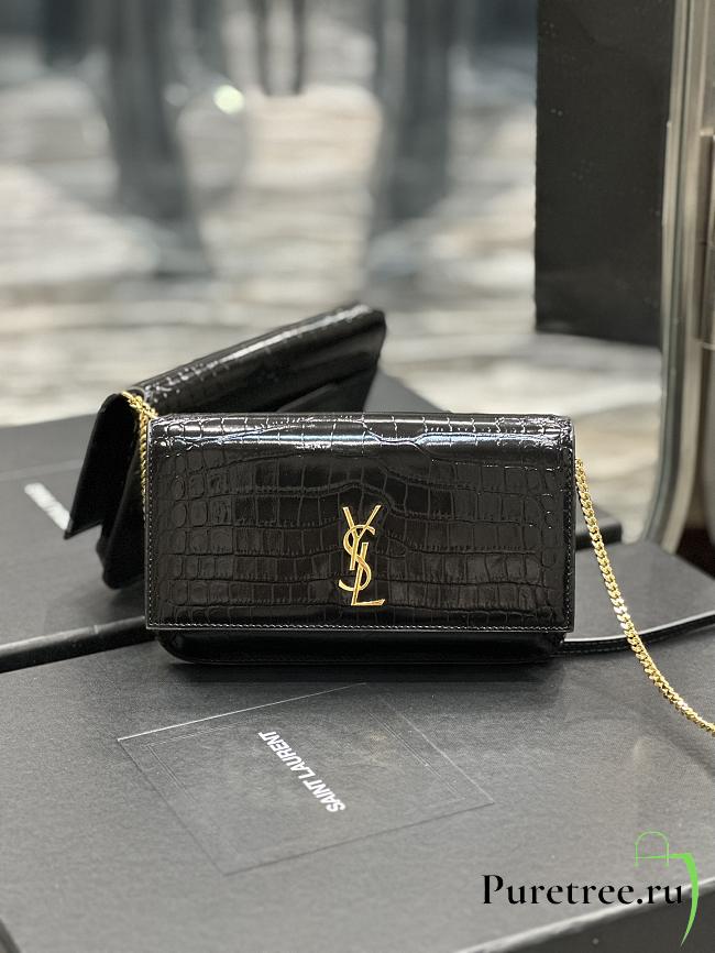 YSL Cassandre Saint Laurent Phone Holder Black Shiny Crocodile Embossed Leather - 1