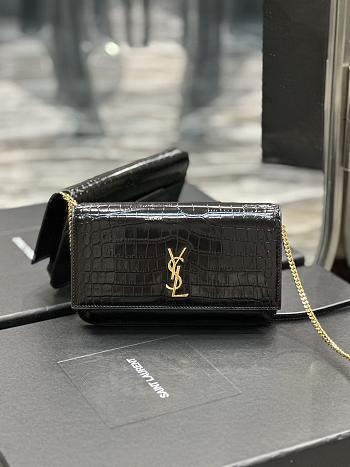 YSL Cassandre Saint Laurent Phone Holder Black Shiny Crocodile Embossed Leather