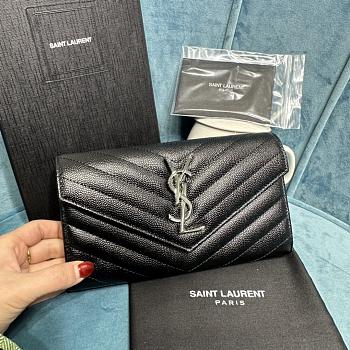 YSL Monogram Black Leather Wallet Silver Hardware 19x11 cm