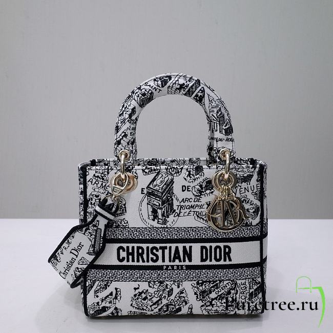 Dior Medium Lady D-Lite Bag White and Black Plan de Paris Embroidery - 1