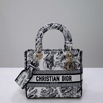 Dior Medium Lady D-Lite Bag White and Black Plan de Paris Embroidery
