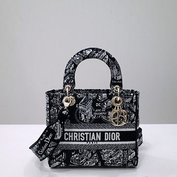 Dior Medium Lady D-Lite Bag Black and White Plan de Paris Embroidery