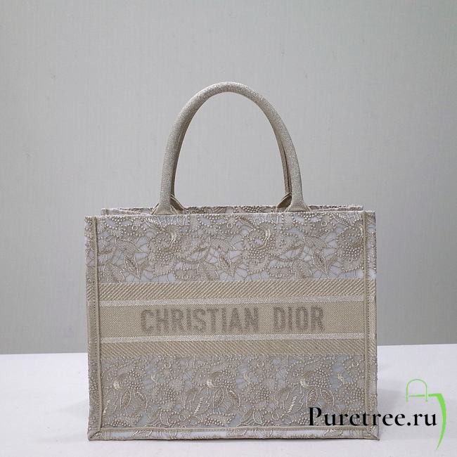 Dior Medium Book Tote White/Gold-tone D-Lace Embroidery with Macramé Effect - 1
