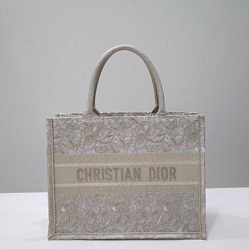 Dior Medium Book Tote White/Gold-tone D-Lace Embroidery with Macramé Effect