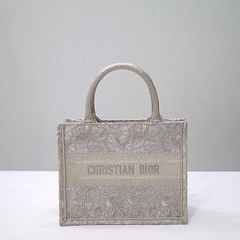 Dior Small Book Tote White/Gold-tone D-Lace Embroidery with Macramé Effect