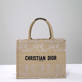 Dior Medium Book Tote Gold-tone D-Lace Embroidery with Macramé Effect