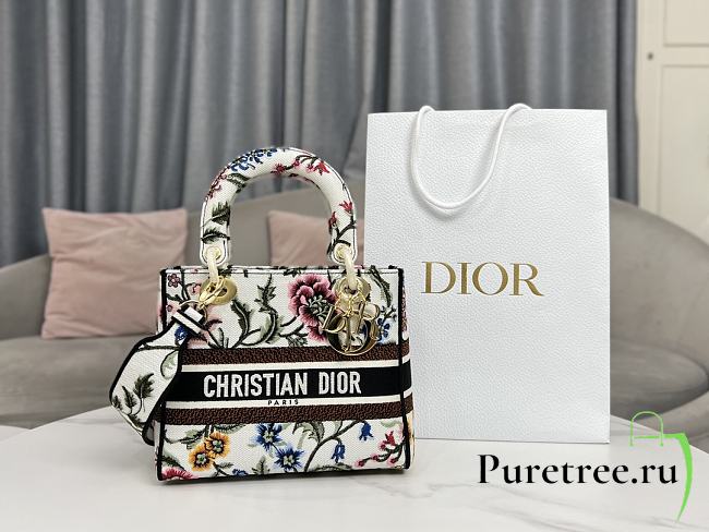 Dior Medium Lady D-Lite Bag White Multicolor Dior Petites Fleurs Embroidery - 1