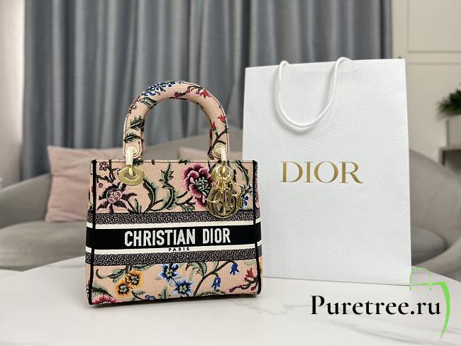 Dior Medium Lady D-Lite Bag Natural Multicolor Dior Petites Fleurs Embroidery - 1