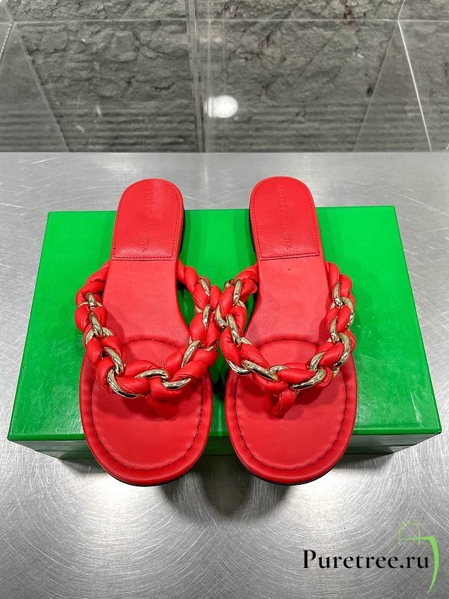 Bottega Veneta Dot Chain-braided Red Leather Flat Sandals - 1