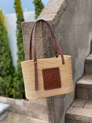 Loewe Small Square Basket Bag In Raffia And Calfskin Natural/Pecan
