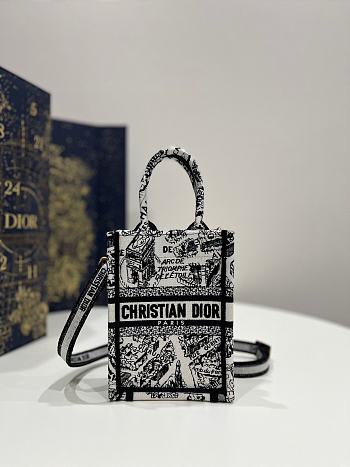Dior Mini Book Tote Phone Bag White and Black Plan de Paris Embroidery