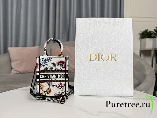 Dior Mini Book Tote Phone Bag White Multicolor Dior Petites Fleurs Embroidery  - 1