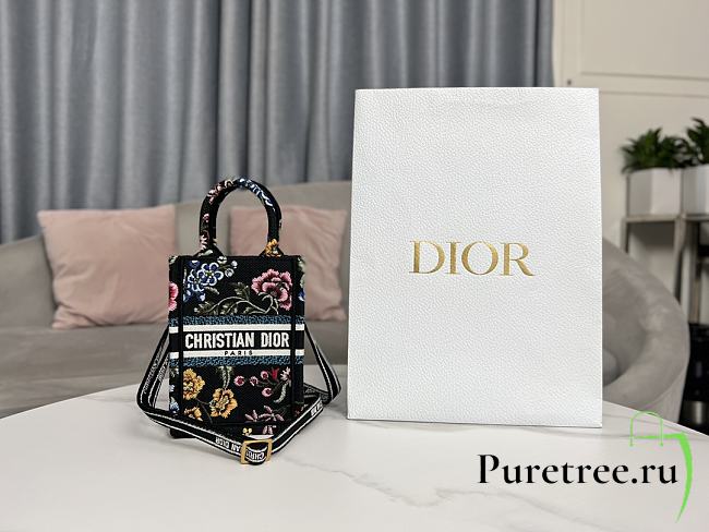 Dior Mini Book Tote Phone Bag Black Multicolor Dior Petites Fleurs Embroidery - 1