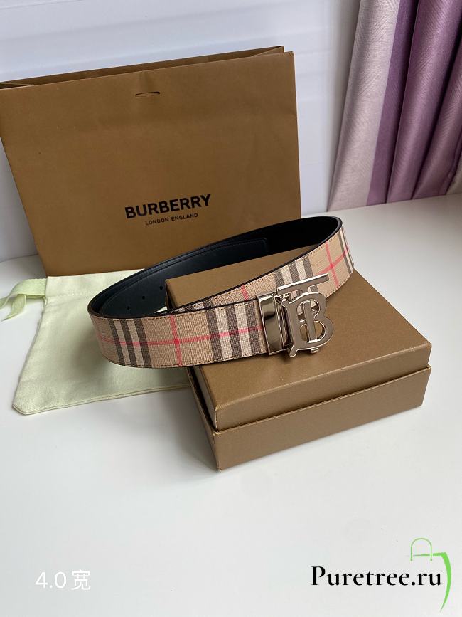 Burberry Check and Leather TB Belt Silver Hardware 4.0 cm - 1