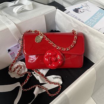 Chanel Camellia Small Flap Bag Red Patent Leather 20cm