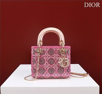 Dior Mini Lady Bag Metallic Calfskin and Satin with Rose Des Vents Resin Pearl Embroidery  