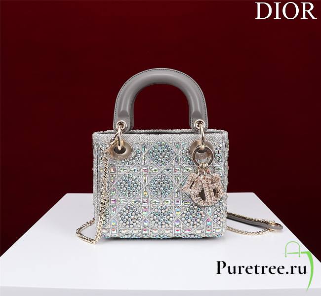 Dior Mini Lady Bag Metallic Calfskin and Satin with Gray Resin Pearl Embroidery - 1
