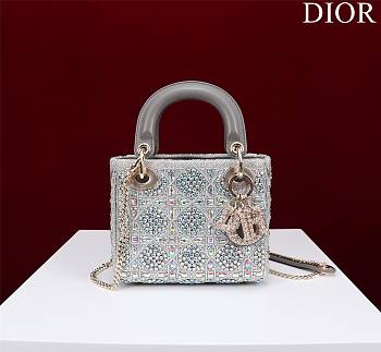 Dior Mini Lady Bag Metallic Calfskin and Satin with Gray Resin Pearl Embroidery