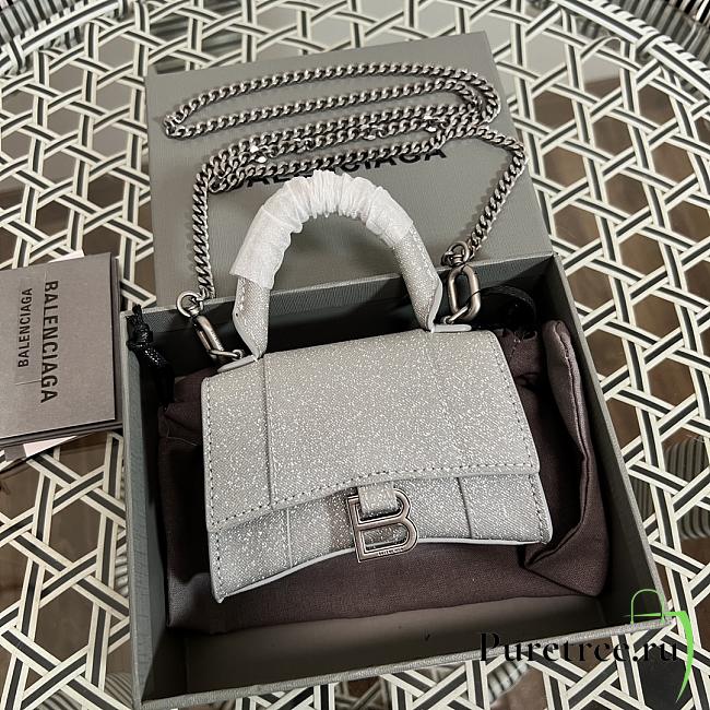 BALENCIAGA Hourglass Mini Handbag Glitter Material In Silver 14 x 11.5 x 4.5 cm - 1