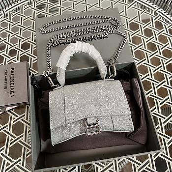 BALENCIAGA Hourglass Mini Handbag Glitter Material In Silver 14 x 11.5 x 4.5 cm