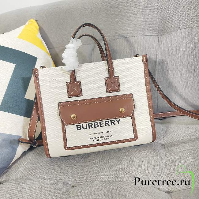 BURBERRY Freya Horseferry Canvas Top-handle Bag In Beige - 1