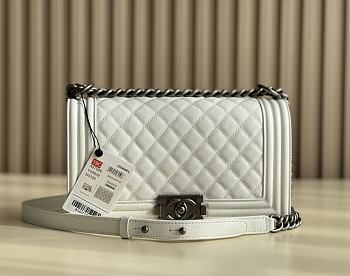 Chanel Silver Quilted Caviar Medium Boy Bag White Size 25 cm