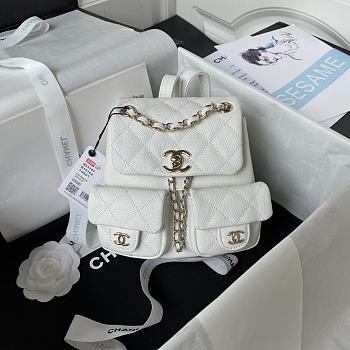 CHANEL | Small Backpack Grain Effect Calf Leather & Gold Plated Metal White Size 17.5x16.5x10 cm