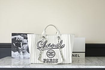 CHANEL | 23P Deauville White Ecru Black Stripe Large Shopping 30cm Handle Tote Bag