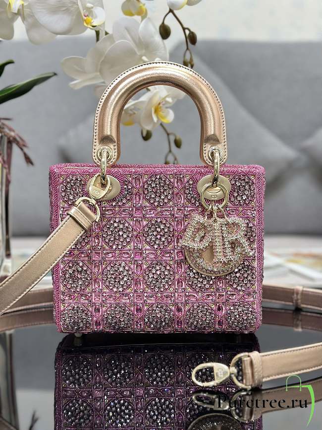 DIOR | MINI LADY BAG Metallic Calfskin and Satin with Rose Des Vents Resin Pearl Embroideryc - 1