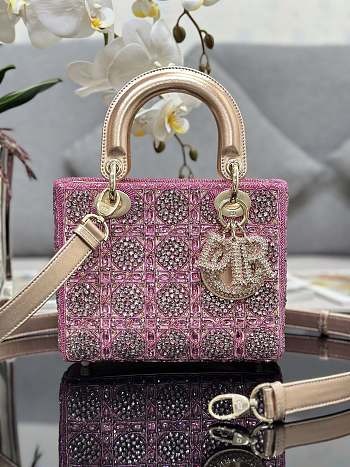 DIOR | MINI LADY BAG Metallic Calfskin and Satin with Rose Des Vents Resin Pearl Embroideryc