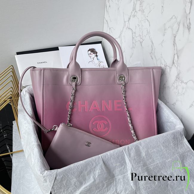CHANEL | Shopping Bag Gradient Calfskin & Silver Metal Light Purple Pink & Coral Red - 1