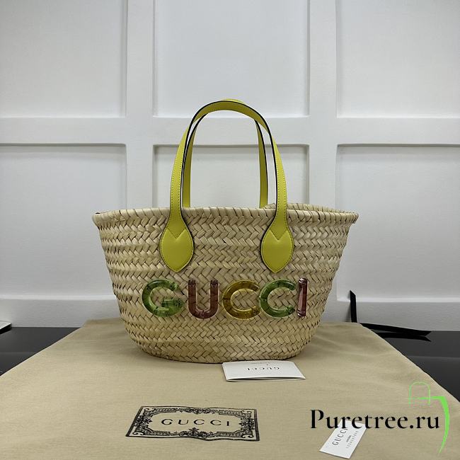 GUCCI | Mini Straw Tote With Gucci Logo Natural Woven Yellow Leather Trim - 1