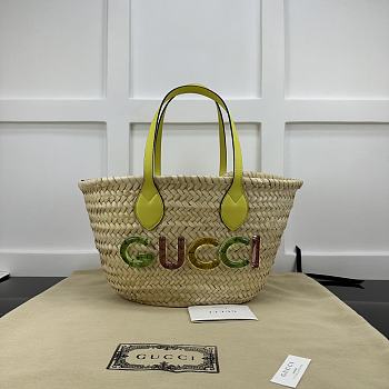 GUCCI | Mini Straw Tote With Gucci Logo Natural Woven Yellow Leather Trim