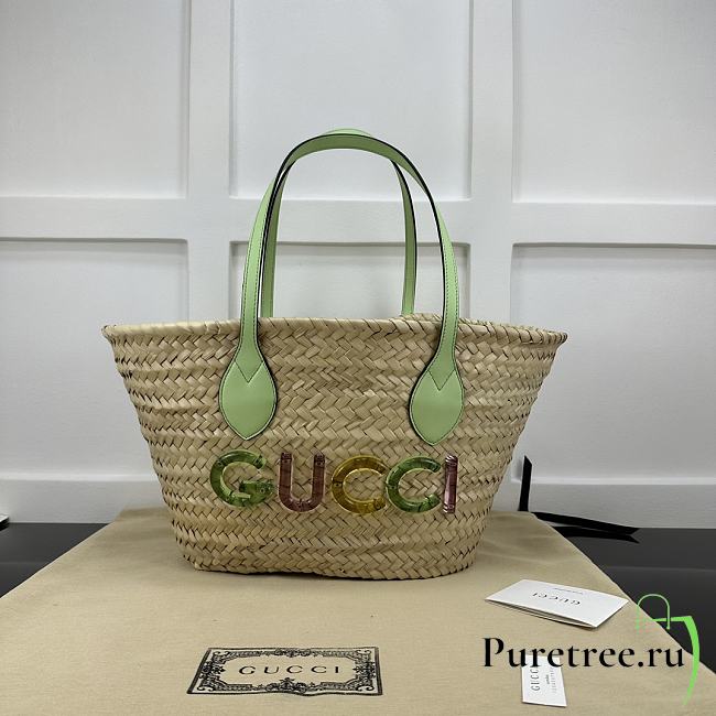 GUCCI | Small Straw Tote With Gucci Logo Natural Woven Pale Green Leather Trim - 1