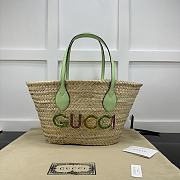 GUCCI | Small Straw Tote With Gucci Logo Natural Woven Pale Green Leather Trim - 1