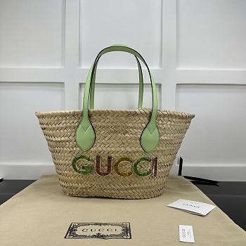 GUCCI | Small Straw Tote With Gucci Logo Natural Woven Pale Green Leather Trim